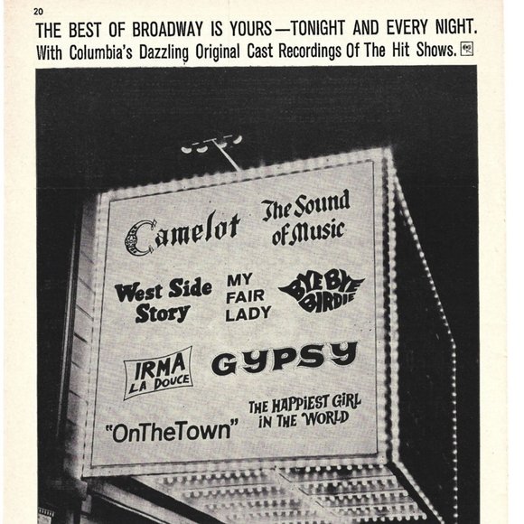 Broadway Ad Camelot Sound of Music Westside story 1960s Vintage Print Ad 9 in - Picture 2 of 4